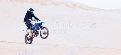 Buy stock photo Freedom, desert or athlete driving motorcycle for action, adventure or fitness with performance or adrenaline. Sand, sports or person on motorbike on dunes for training, exercise or race or challenge