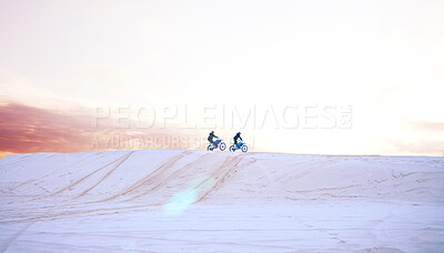 Buy stock photo Sand, nature or people driving motorcycle for action, adventure or fitness with performance or adrenaline. Teamwork, desert or athletes on motorbike on dunes for training, exercise or race challenge