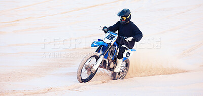 Buy stock photo Desert, speed or athlete driving motorcycle for action, adventure or fitness with performance or adrenaline. Sand, fast or sports person on motorbike on dunes for training, exercise or race challenge