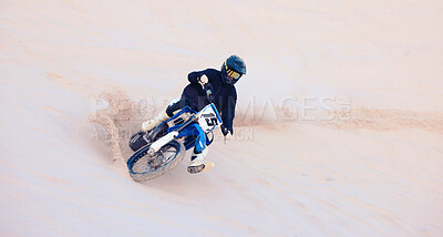 Buy stock photo Fast, sand or athlete driving motorbike for action, adventure or fitness with performance or adrenaline. Nature, dirt or sports driver on motorcycle on dunes in training, exercise or race challenge