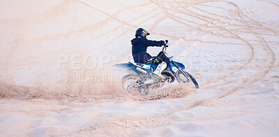 Buy stock photo Dirt, sand or athlete driving motorbike for action, adventure or fitness with performance or adrenaline. Nature, dust or sports driver on motorcycle on dunes in training, exercise or race challenge