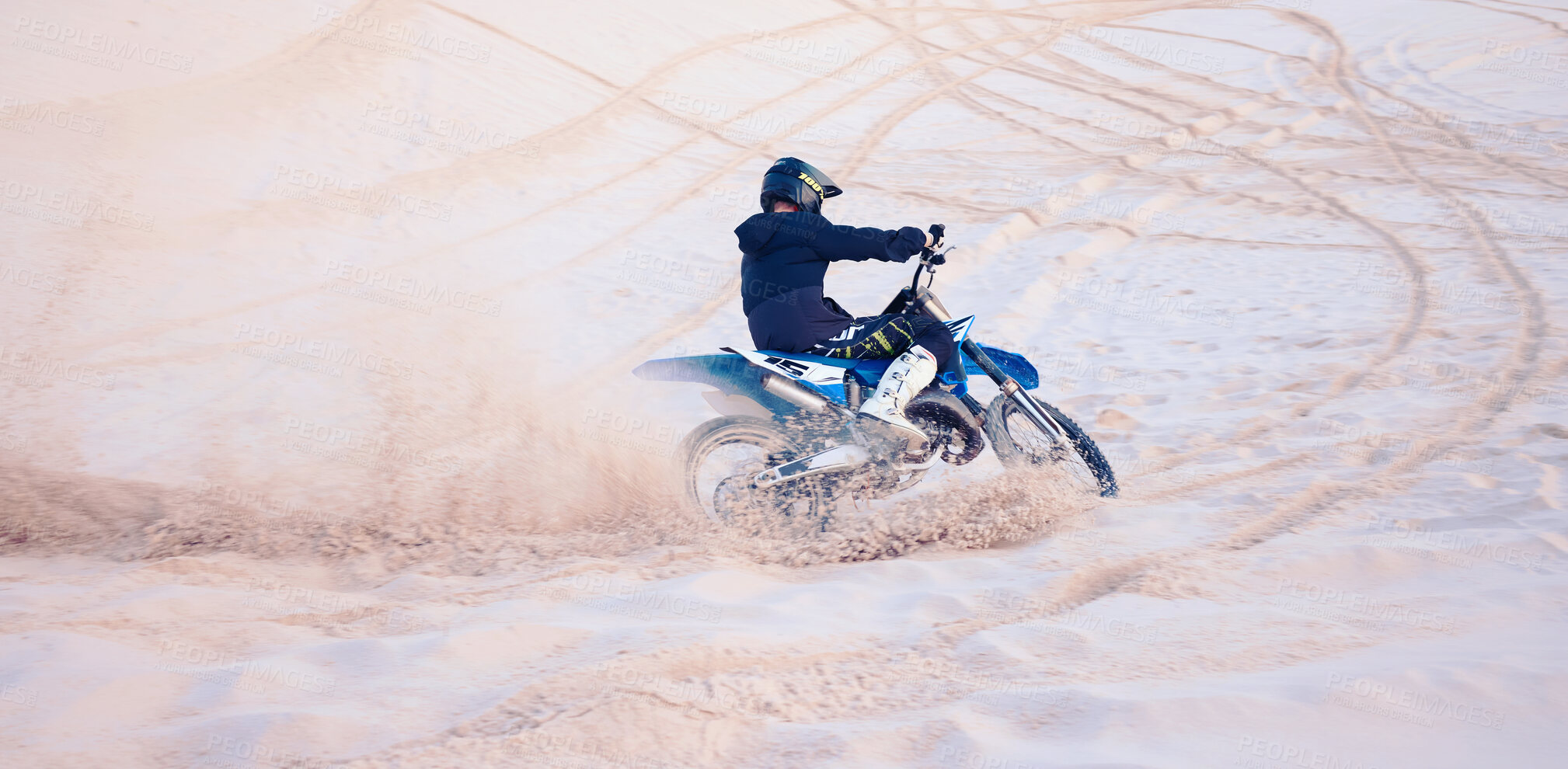 Buy stock photo Dirt, sand or athlete driving motorbike for action, adventure or fitness with performance or adrenaline. Nature, dust or sports driver on motorcycle on dunes in training, exercise or race challenge