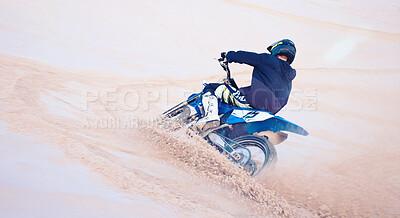 Buy stock photo Sports, sand dunes and athlete on motorbike for action, adrenaline and skill training for challenge, Fitness, desert and man biker practicing for race, competition or performance adventure at a rally