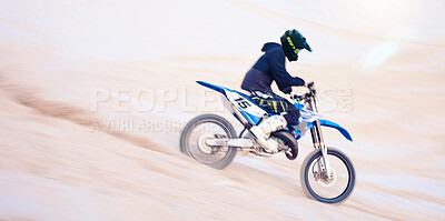 Buy stock photo Dirt, motorbike and athlete in sports, adventure and man driving on desert, sand dune and outdoor riding in nature. Extreme sport, bike or motorcycle drive with helmet, gear or person with freedom