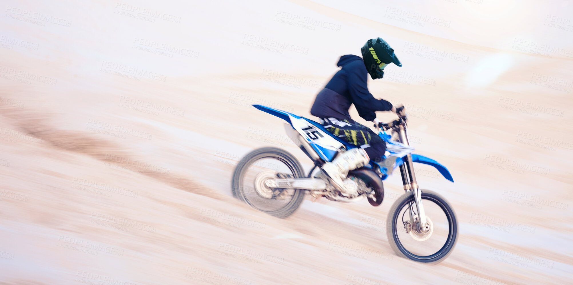 Buy stock photo Dirt, motorbike and athlete in sports, adventure and man driving on desert, sand dune and outdoor riding in nature. Extreme sport, bike or motorcycle drive with helmet, gear or person with freedom