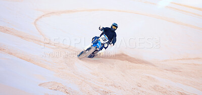 Buy stock photo Race, desert and a person on a bike for travel, extreme sport and adrenaline on a vacation. Sand, competition and a bike or racer for cycling, training or adventure for performance on a motorbike