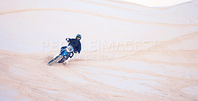 Buy stock photo Motorcycle, desert and man training for sports, adventure or travel journey outdoor. Motorbike, rider and driver on sand, dirt and off road for freedom, extreme race and competition on mockup space