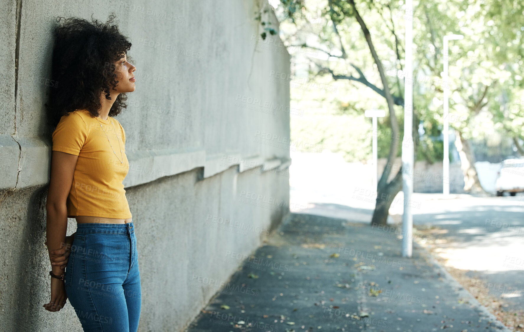 Buy stock photo Thinking, woman and city wall on a road with travel and outdoor sad from memory with mockup space. Female person, sidewalk and depression on a urban street with grief, disappointed and mental health