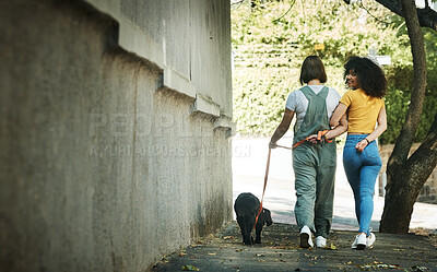 Buy stock photo Women, walking and couple with a dog in street, park or portrait outdoor in spring with pet on lead and wall mockup space. People, smile and journey with animal for exercise, wellness or happiness