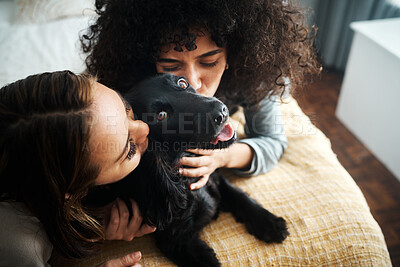 Buy stock photo Love, women and dog with kiss on bed in bedroom of family home for fur puppy, pet and happiness indoor. Labrador, animal and people together in room with cuddling and care for bonding and loyalty