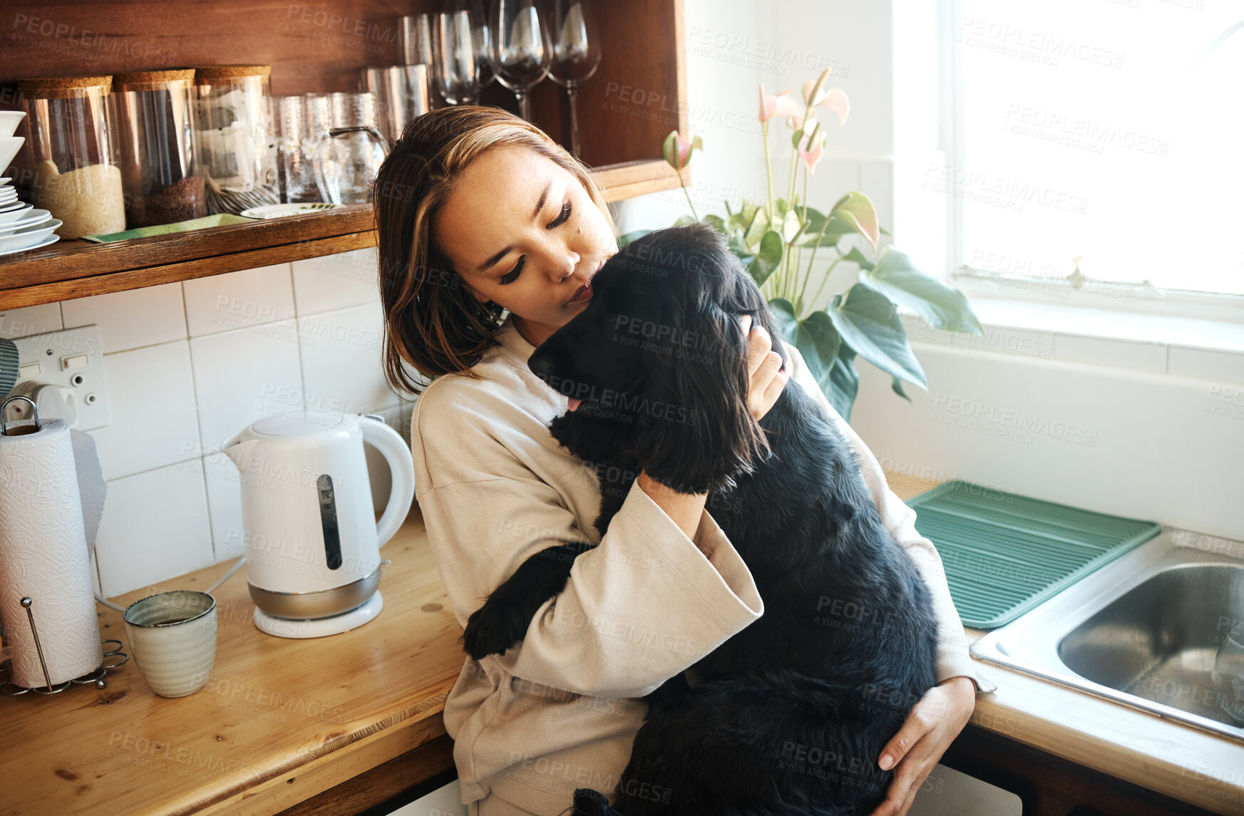 Buy stock photo Hug, love and woman with a dog in home kitchen to relax and play with animal. Pet owner, happiness and asian person playing with companion, care and wellness or friendship in cozy apartment
