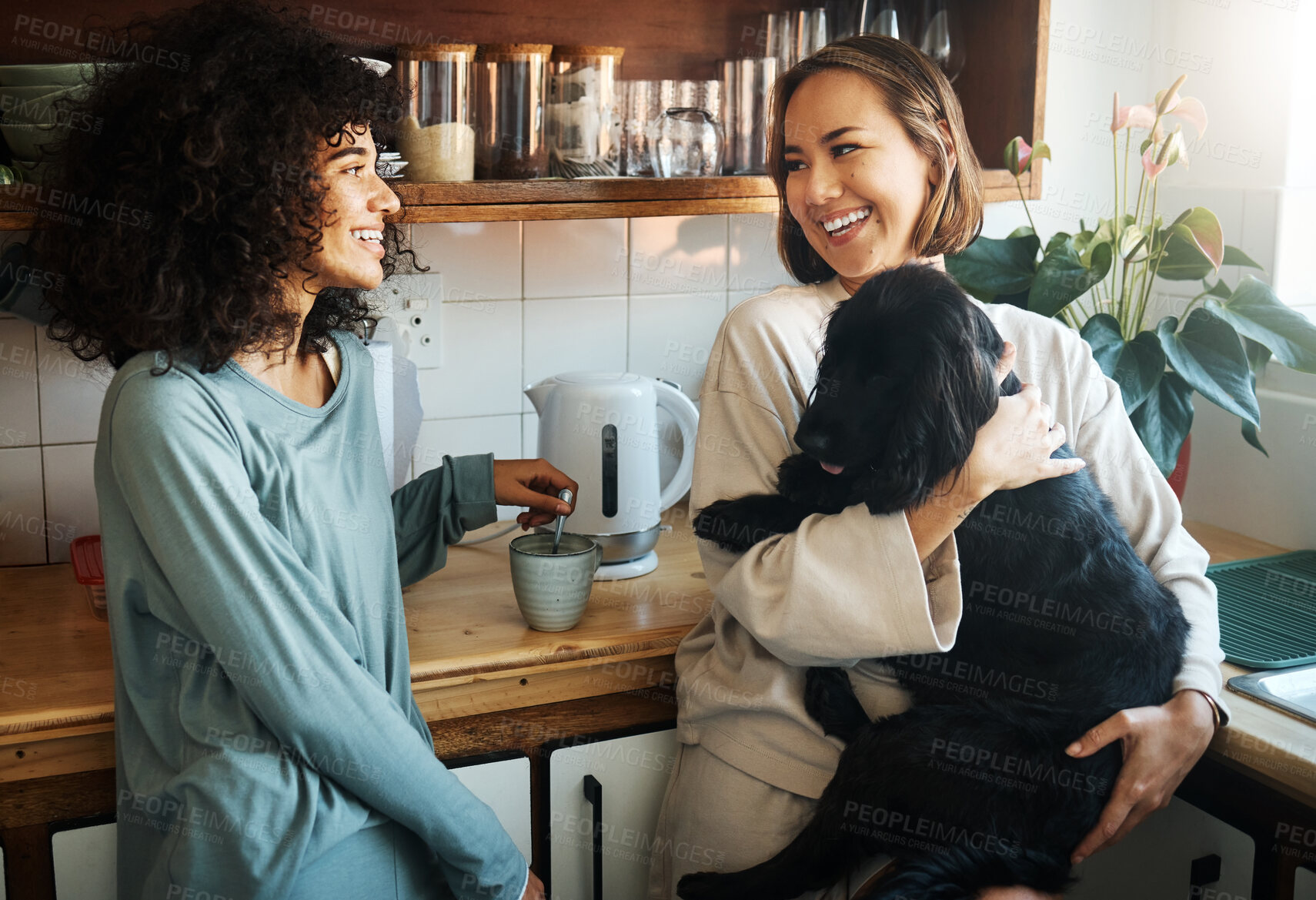 Buy stock photo Happy, dog and morning with lesbian couple in kitchen for relax, support and care. Canine animal, love and smile with gay women and pet puppy at home for bonding, playful and happiness together