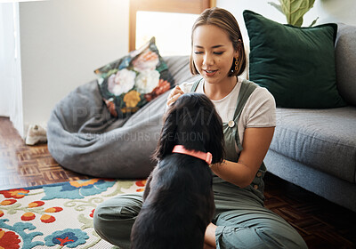 Buy stock photo Love, care and woman with dog in home lounge to relax and play with animal. Pet owner, happiness and asian person on floor with affection, companion and wellness or friendship in cozy apartment