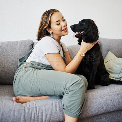 Buy stock photo Happy, love and woman with dog in home sofa to relax and play with animal. Pet owner, care and asian person on couch with companion, smile and wellness or friendship and together in cozy apartment