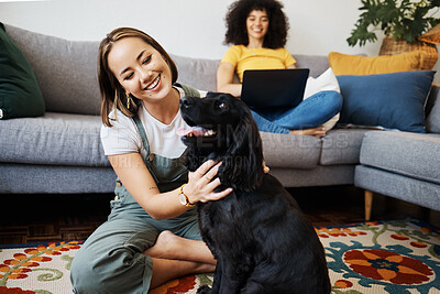 Buy stock photo Pet, relax or happy woman with dog in house living room on floor to hug with trust, loyalty or love. Wellness, freedom or girl playing with an animal with care, support or kindness on mat at home