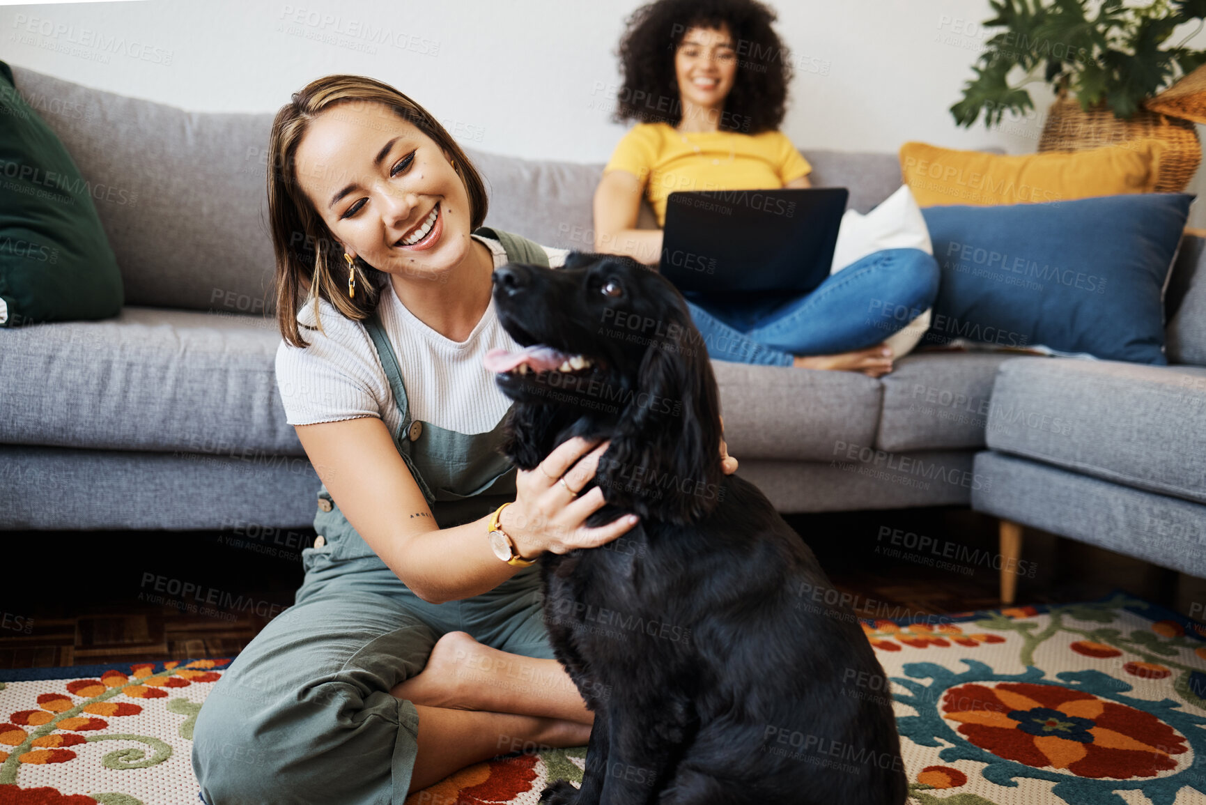 Buy stock photo Pet, relax or happy woman with dog in house living room on floor to hug with trust, loyalty or love. Wellness, freedom or girl playing with an animal with care, support or kindness on mat at home