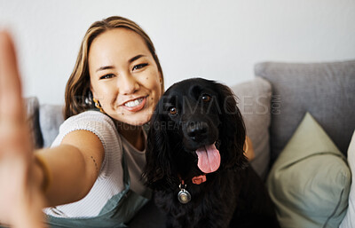 Buy stock photo Love, selfie and woman with dog on home sofa to relax and play with animal. Pet owner, care and asian person influencer with companion, smile and friendship or social media profile picture and memory