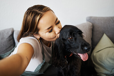 Buy stock photo Kiss, selfie and woman with dog on home sofa to relax, love and play with animal. Pet owner, care and influencer person with companion, trust and friendship or social media profile picture and memory