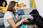 Play, gay or happy couple with dog in house living room on floor to relax with paw trick, loyalty or love. Teaching, learning or woman playing with an animal with care, support or joy on mat at home