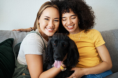 Buy stock photo Dog, portrait or happy lesbian couple in home to relax together in healthy relationship or love connection. Lgbtq, pet care or proud gay women smile with an animal to hug or bond on living room sofa