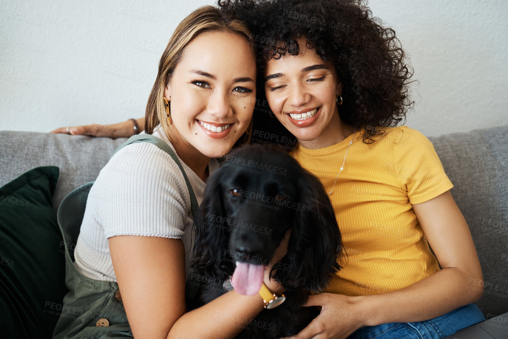 Buy stock photo Dog, portrait or happy lesbian couple in home to relax together in healthy relationship or love connection. Lgbtq, pet care or proud gay women smile with an animal to hug or bond on living room sofa