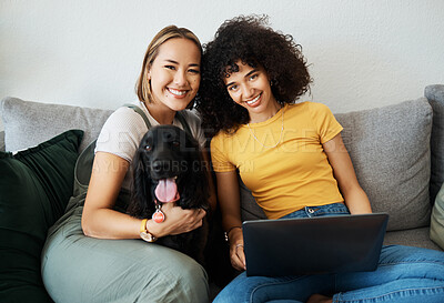 Buy stock photo Lgbtq, women and couple with dog on sofa together in lounge of home with happiness for relax, support and wellness. Portrait, people and pet on couch in living room of apartment with smile and love