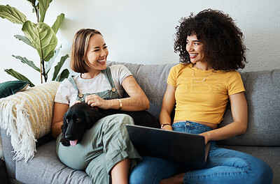 Buy stock photo Dog, laptop or gay couple on sofa to relax together in healthy relationship love connection. Lgbtq, online or lesbian women with a pet animal to hug, play or bond on living room couch for remote work