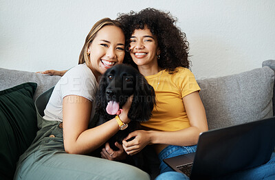 Buy stock photo Dog, portrait or happy gay couple in home to relax together in healthy relationship or love connection. Lgbtq, pet care or lesbian women smile hugging an animal to bond in house living room on couch