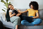 Dog, home living room and happy couple of friends bonding, connect and smile for animal love, support or care. LGBTQ, happiness or gay people, bisexual partner or lesbian women relax with pet on sofa