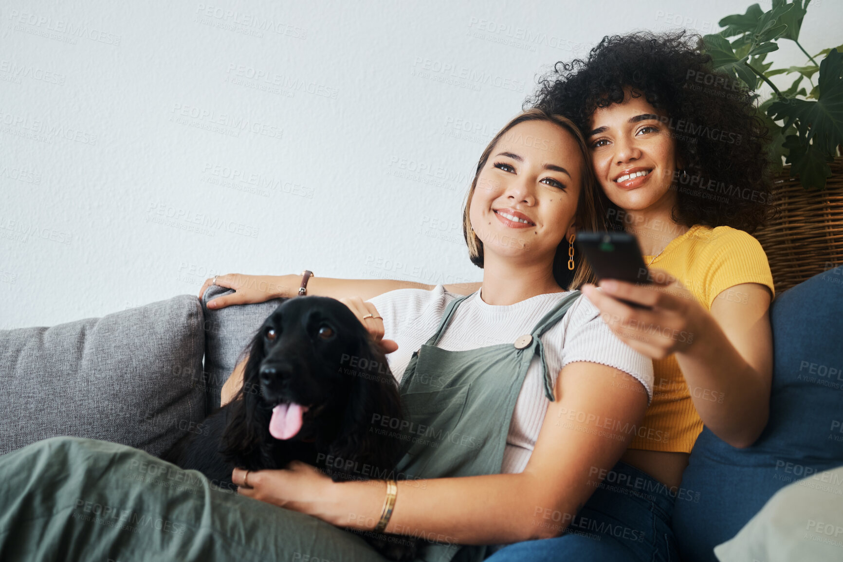 Buy stock photo Dog, relax or gay couple watching tv in home together in a lgbtq love connection on living room sofa. Remote, sofa or happy lesbian women smile with pet, bond or care on couch for movie on television