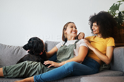 Buy stock photo Dog, relax or happy lesbian couple on sofa together in healthy relationship or lgbtq love connection. Talking, conversation or gay women smile with pet, bond or care in house living room on couch