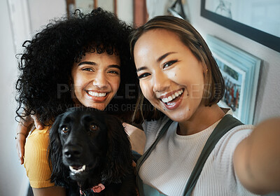 Buy stock photo Happy, selfie and portrait of lesbian couple with dog in modern apartment bonding together. Love, smile and interracial young lgbtq women taking a picture and holding animal pet puppy at home.