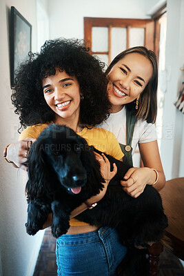 Buy stock photo Portrait, women and holding dog with smile in living room of home for puppy, love and happiness indoor. Labrador, animal and people together in house with cuddling and care for bonding and loyalty