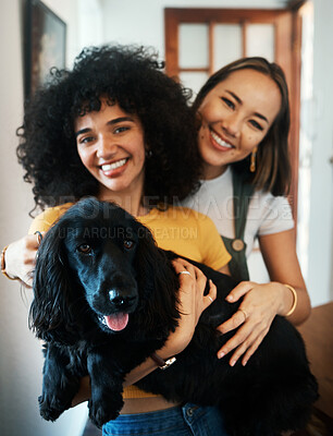 Buy stock photo Women, portrait and holding dog with smile in living room of home for puppy, love and happiness indoor. Labrador, animal and people together in house with cuddling and care for bonding and loyalty