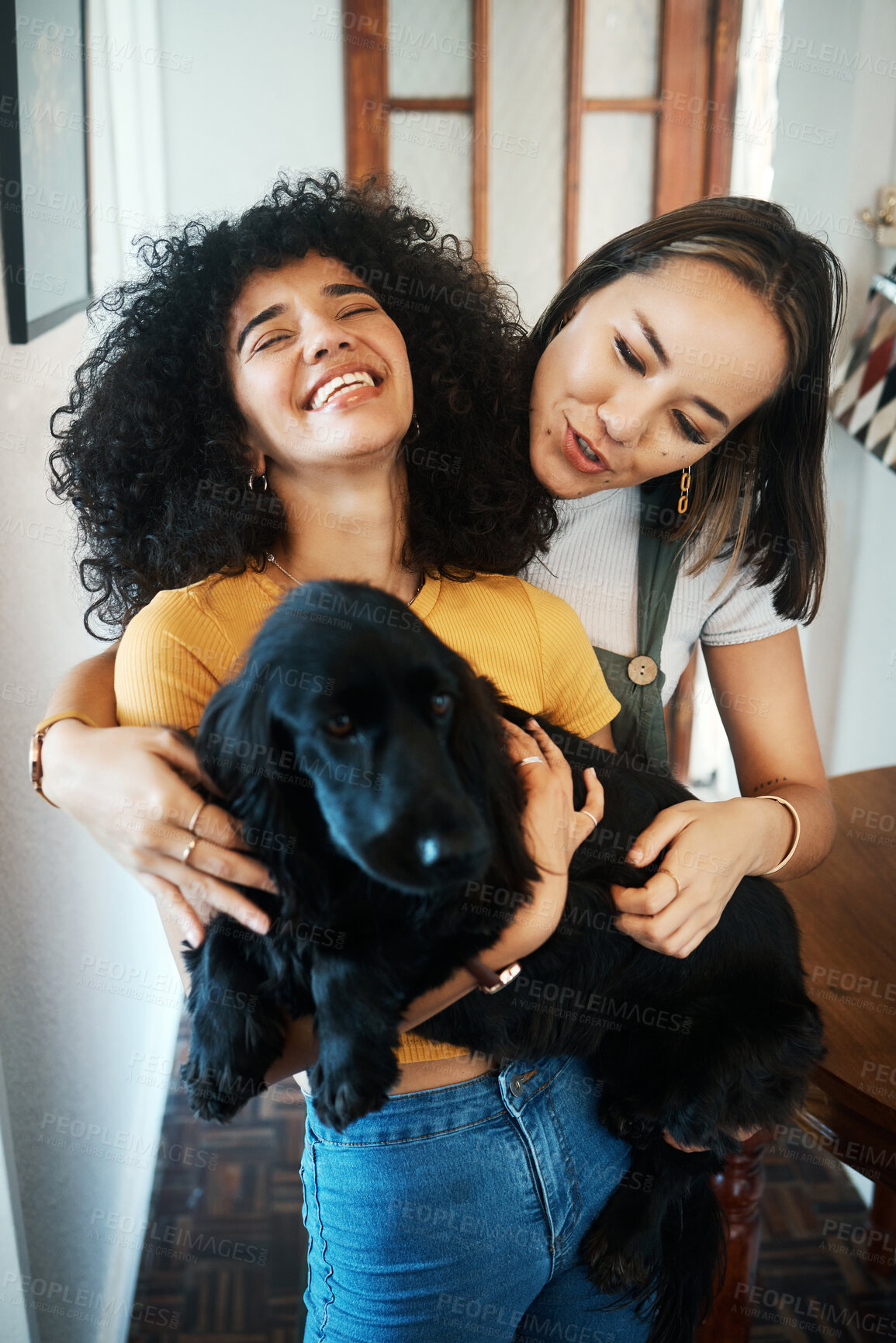 Buy stock photo Dog, hug and happy lesbian couple in home, bonding or having fun together. Pet, gay women smile and embrace animal for care in healthy relationship, love connection and funny laugh of lgbtq people