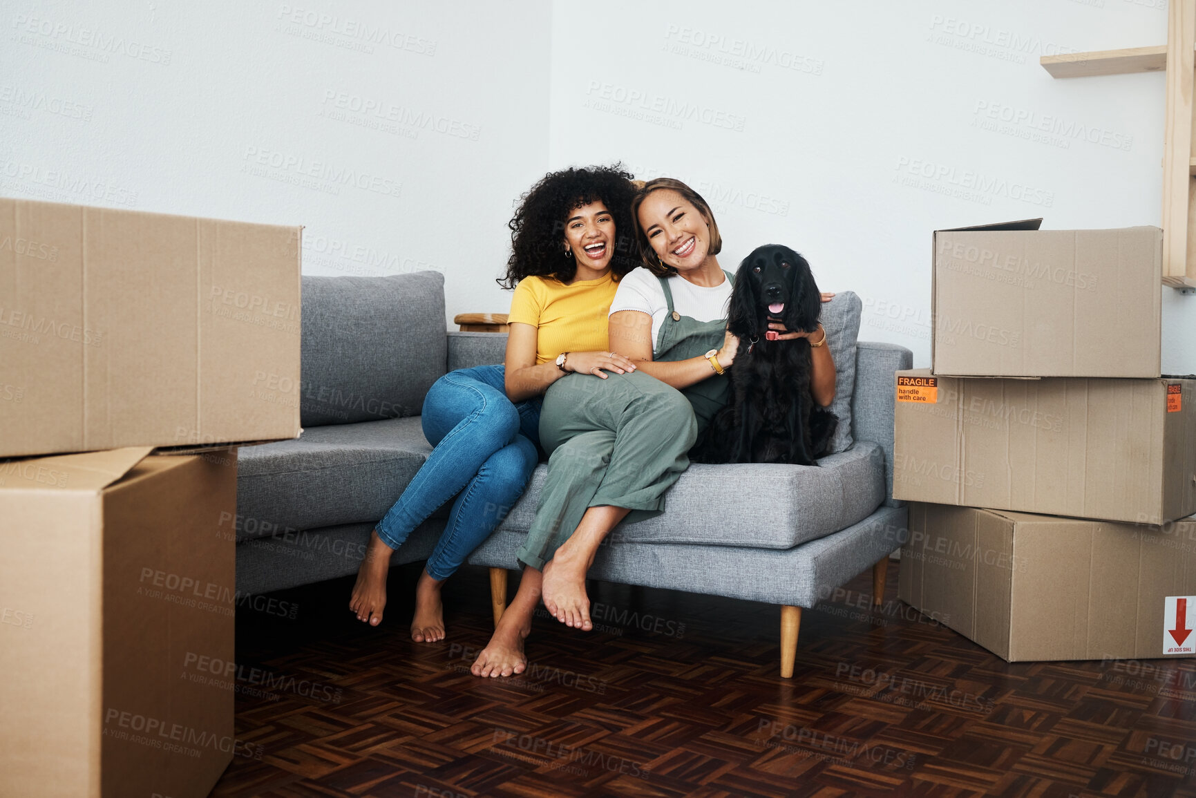 Buy stock photo New home, portrait and lesbian couple with a dog on the sofa for moving boxes and relocation. Smile, lgbt and women or people on the living room couch of an apartment with a pet and a homeowner