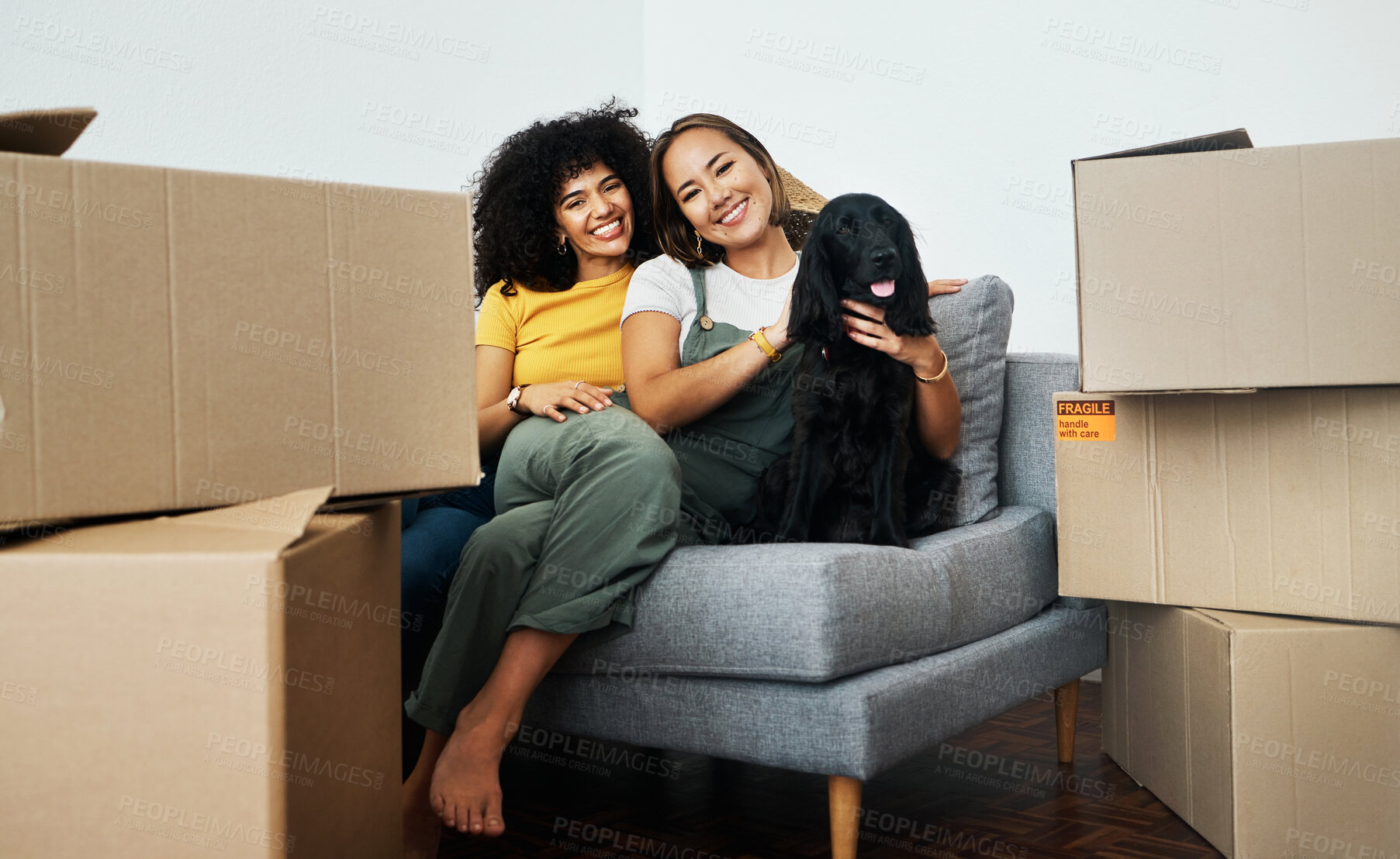 Buy stock photo Real estate, portrait and lesbian couple with a dog on the sofa for moving boxes and a new home. Smile, lgbt and women or people on the living room couch of an apartment with a pet after relocation