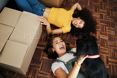 Buy stock photo Moving, boxes and couple with a dog in home, living room or women relax together on floor bonding with puppy or pet. New house, happiness or people with love for animal and investment in property