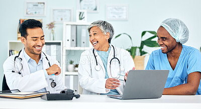 Buy stock photo Happy, doctors laughing and team in meeting and healthcare with collaboration, laptop and surgeon group plan treatment. Funny, success and support with comedy, people at hospital and online schedule