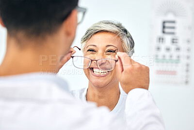 Buy stock photo Consulting, optometry and glasses with old woman and doctor for eye care, medical and lens. Healthcare, ophthalmology and vision with senior patient in clinic for exam, eyesight and prescription