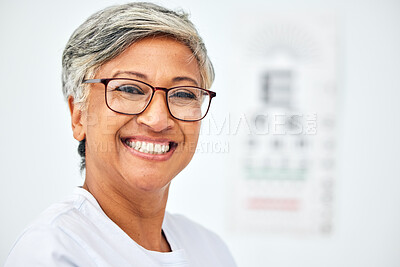 Buy stock photo Senior woman, face and smile with glasses, vision and eye care in optometry clinic for eyesight test and chart. Happy in portrait, glaucoma and frame with prescription lens eyewear and mockup space