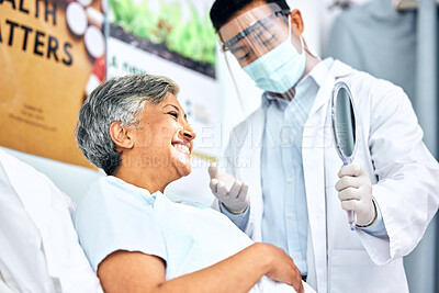 Buy stock photo Dentist in mask, patient with smile and mirror for healthcare, cleaning and hygiene for teeth. Happy woman in chair, dental care technician and safety in surgery on mouth, professional doctors office