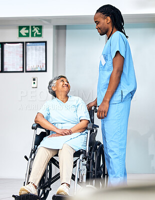 Buy stock photo Healthcare, wheelchair and senior patient with her nurse in an assisted living home for care or service. Medical, smile and a black man caregiver working to help an elderly woman with a disability