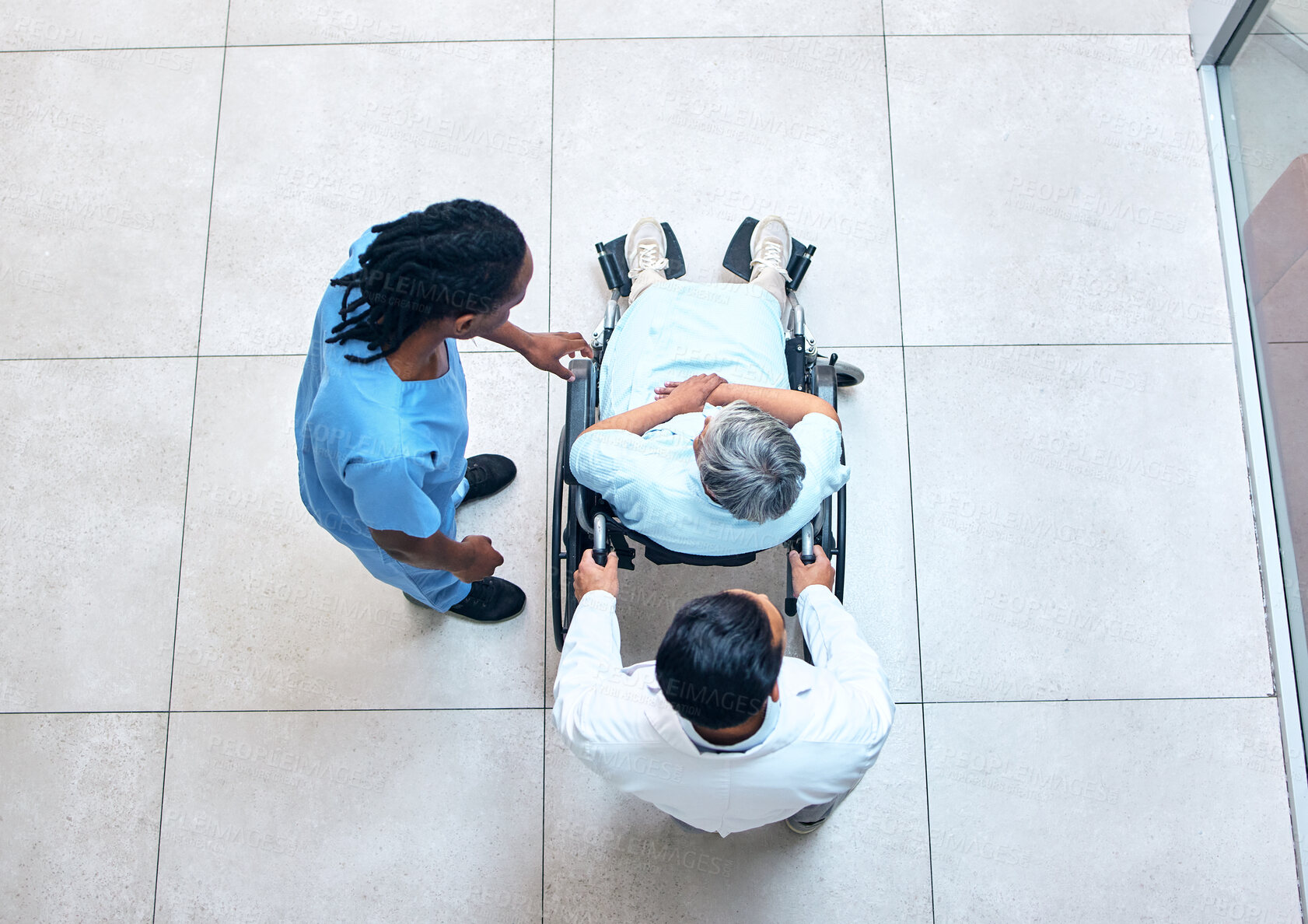 Buy stock photo Wheelchair, hospital and senior patient above with nurse, helping and support with healthcare. Doctor, clinic and surgery care of an elderly man with mobility disability ready for doctor consultation