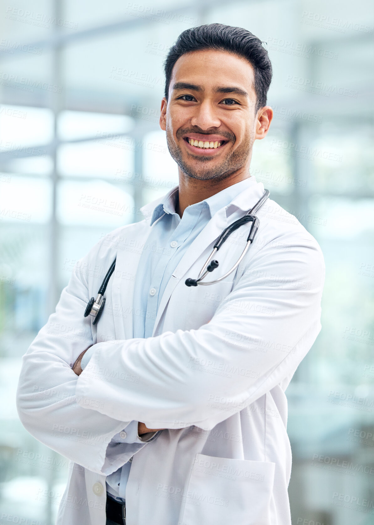 Buy stock photo Portrait of doctor with smile, confidence and hospital employee with care, support and trust. Health insurance, happy man and medical professional with arms crossed in healthcare career for advice.