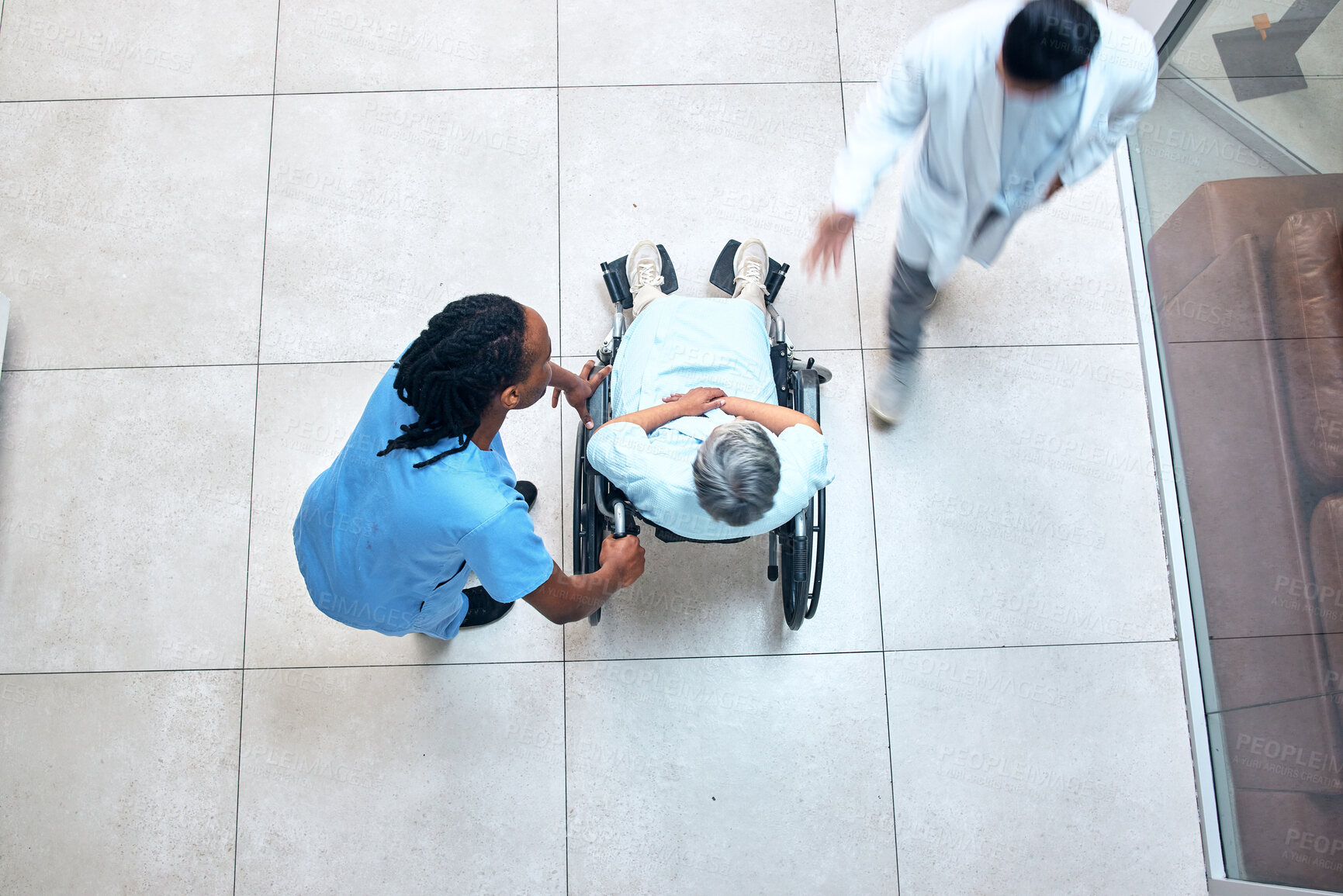 Buy stock photo Wheelchair, hospital and patient above with nurse, helping and support with healthcare. Doctor, clinic and surgery care of an elderly man with a mobility disability ready for medical consultation