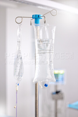 Buy stock photo Hospital, healthcare and an iv drip for medicine in a ward for medical support, health or emergency. Surgery, room and equipment or a liquid or fluid bag in icu at a clinic for medication help