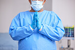 Doctor, praying and hands with healthcare and surgery, seek guidance from God and worship, hope and operation room. Surgeon person in theatre, prayer and respect with plea, health and ask for help