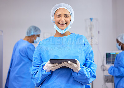 Doctor, woman in portrait with tablet in surgery and operation room, healthcare and digital treatment plan. Smile, help and wellness with surgeon and medical care, online health record at hospital