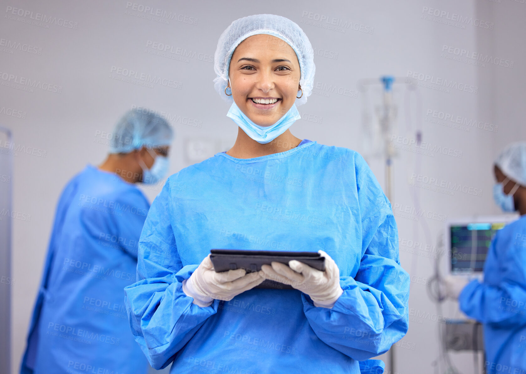 Buy stock photo Doctor, woman in portrait with tablet in surgery and operation room, healthcare and digital treatment plan. Smile, help and wellness with surgeon and medical care, online health record at hospital